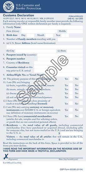 Sample view of front page of U.S. Customs and Border Protection Declaration Form